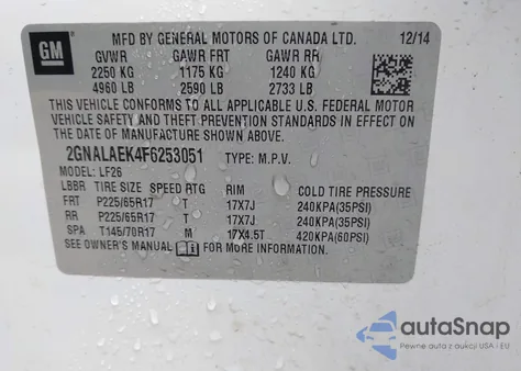 2015 Chevrolet Equinox Ls z USA, uszkodzony, nr VIN 2GNALAEK4F6253051